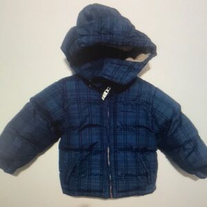 Blue Plaid Puffer Jacket with Hood